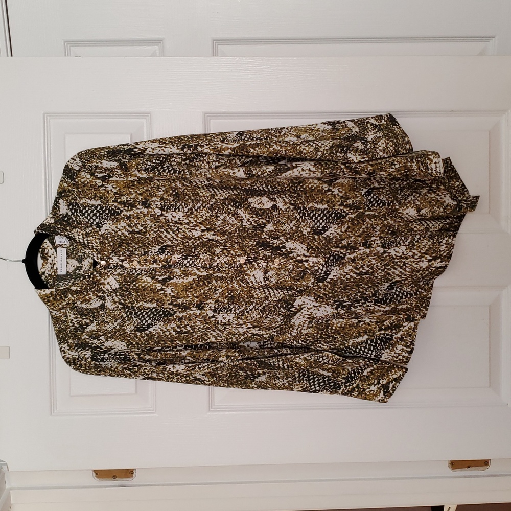 SUSAN GRAVER olive green snake print asymmetrical button down peplum blouse.